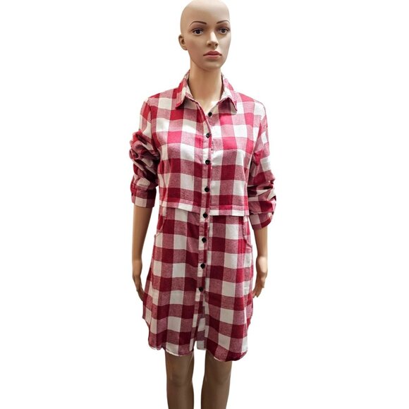 Red & White Plaid Button-Up Shirt Dress With Pockets & Rolled Sleeves By Hotouch - Picture 2 of 13